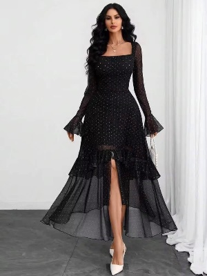 Elegant black chiffon dress with copple print