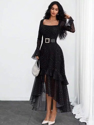 Elegant black chiffon dress with copple print