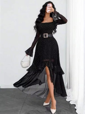 Elegant black chiffon dress with copple print