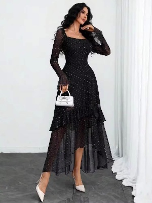 Elegant black chiffon dress with copple print