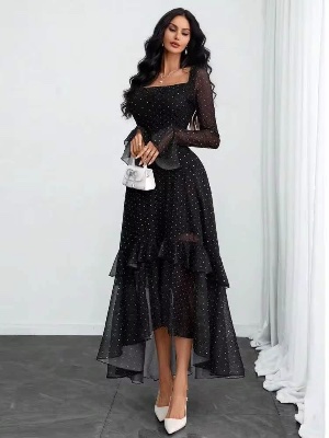 Elegant black chiffon dress with copple print