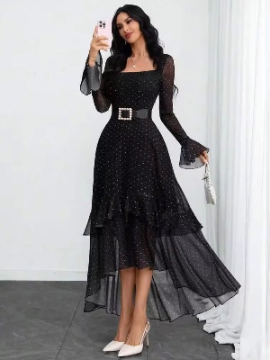 Elegant black chiffon dress with copple print