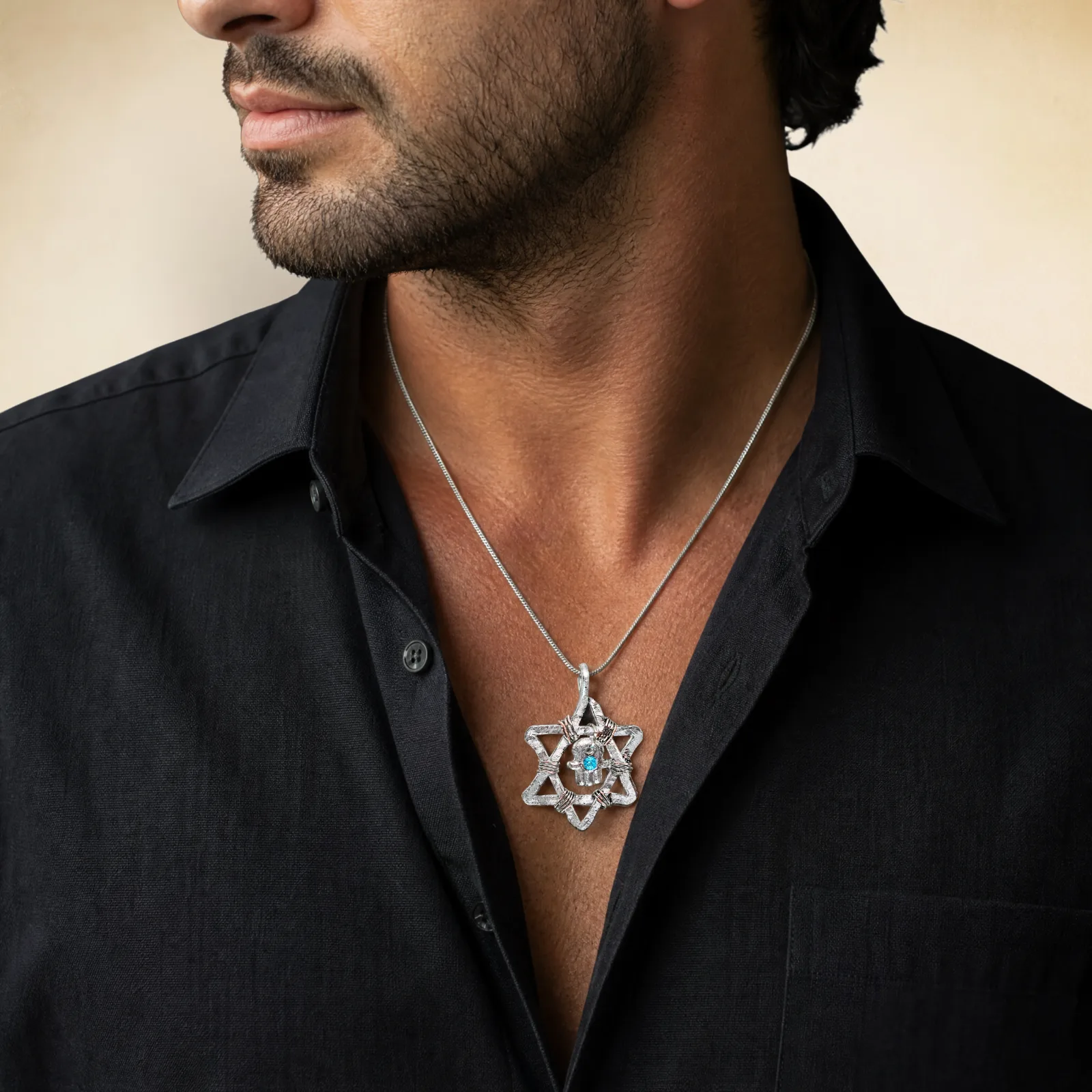 שרשרת חמסה מגן דוד, תליון יודאיקה מאלומיניום, שרשרת שחורה או מצופה כסף