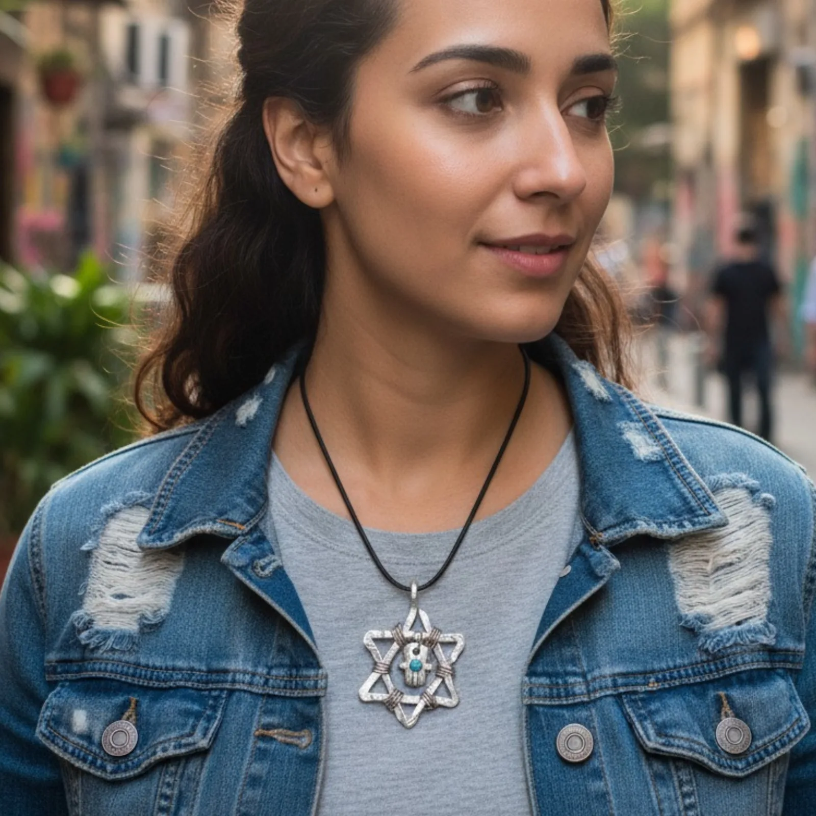 שרשרת חמסה מגן דוד, תליון יודאיקה מאלומיניום, שרשרת שחורה או מצופה כסף
